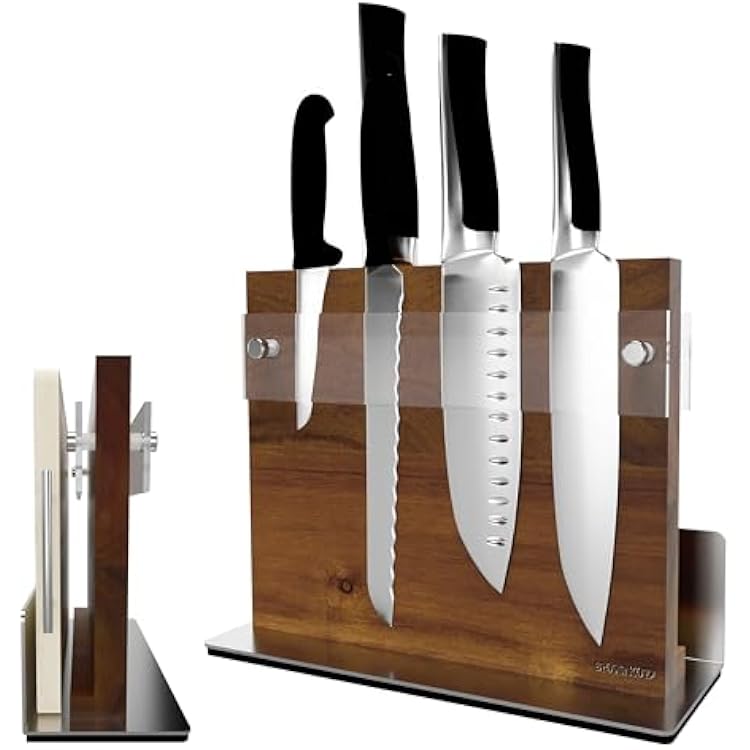Brosisincorp Acacia Magnetic Knife Block Double-Sided for Kitchen Counter Top - Heavy Duty Base & Shatter-Resistant Acrylic Shield, Holds 10-12 Knives, Space Saving Organizer No Knives Included