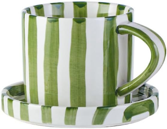Small 8oz Stylish Handmade Vertical Striped Coffee Mug Espresso Cups With Saucer, Hand painted Ceramic Cappuccino Mugs, Glazed Tea Cup, Microwave safe Latte art mug, Spring mug (Green)