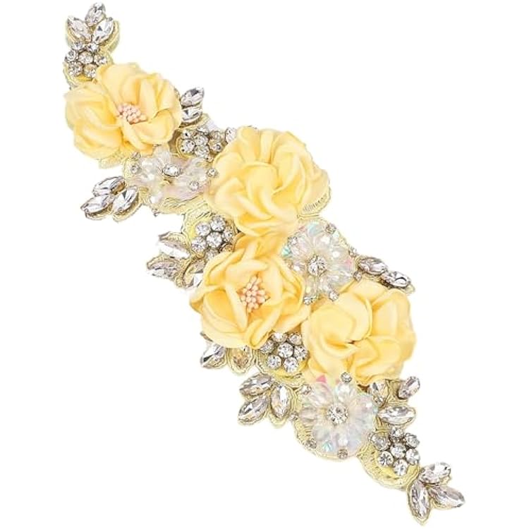 1pc Handmade Rhinestone Applique for Clothes, 3D Flower Fabric Patches for Wedding Dress, Bling Beaded Embroidery Lace Applique for Hat Hairband Sewing Embellishment Beige