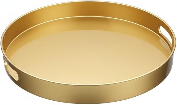 Spsyrine Round Gold Decorative Tray, 13" Plastic Serving Table Tray with Handles for Ottoman, Coffee Table, Bathroom, Kitchen, Living Room