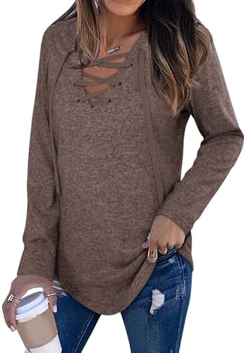 Ezcosplay Women Lace Up V Neck Long Sleeve Tops Casual Fall Criss Cross Tunics Basic Shirts