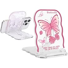 CameCosy Butterfly Cell Phone Stand Holder for Desk, Clear Portable Adjustable Phone Stand Compatible for All Mobile Smart Phone/Tablets/iPad - Pink