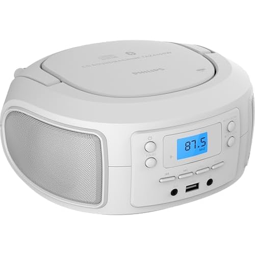 Philips CD Player Portable with Bluetooth, Crystal Clear Sound Top Loading CD Boombox with FM Radio, USB Port & Aux Input, Compact & Lightweight Design,RCD-RWMP3 Compatible White