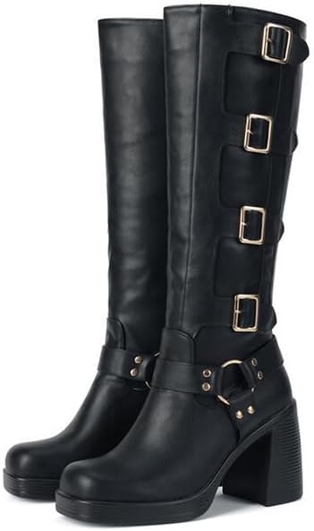 KISTANIA Knee High Riding Boots for Women Square Toe Chunky Heel Motocycle Biker Boots