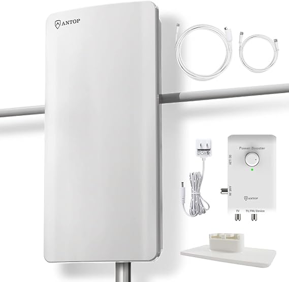 ANTOP HDTV & FM Amplified Antenna 85 Miles AT-800SBS with Dual Outputs Smart Boost System, Support TV and Second Device-FM Stereo, a Second TV or Any OTA-Ready Streaming Device or Projector