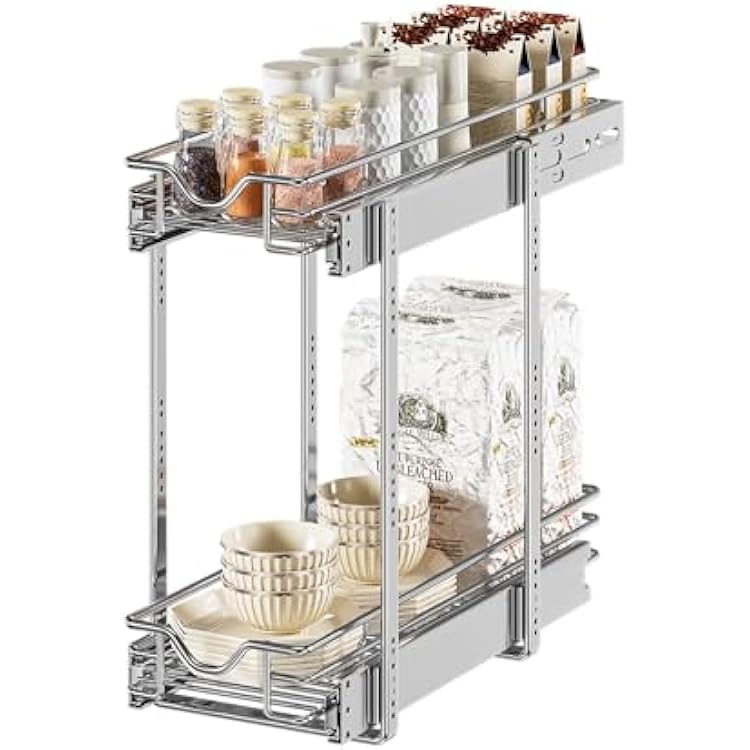 DINDON Pull Out Cabinet Organizer 7-12 W x 21-12D, Cabinet Pull Out Shelves, 2 Tier Pull Out Drawers for Kitchen Cabinets, Wire Basket Slide Out Shelf for Cabinet Organization