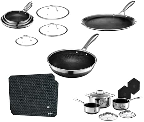 HexClad Hybrid Nonstick 18-Piece Cookware Set, 6-Piece Pan Set, 6-Piece Pot Set with 2 Trivets, 12" Griddle Pan, 10" Wok, and 2-Piece Dish Drying Mat Set
