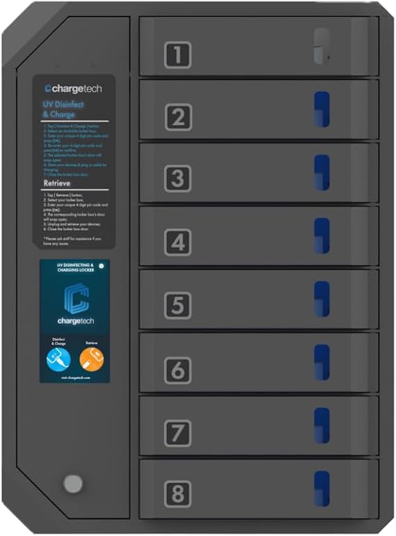 Guardian-8 Phone Charging Locker, 8 Bays, Dual Cables Lightning/Type-C, LCD Touchscreen, 20W Fast Charging, Wall Mount or Freestanding