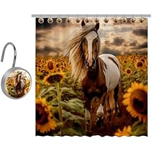 Modern Farmhouse Shower Curtain, Horse Sunflower Field Shower Curtain for Bathroom, Waterproof Fabric Shower Curtain with 10PCS Hooks, 60X70IN