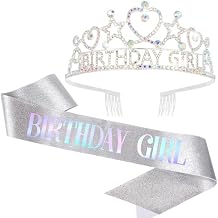 Birthday Girl Tiara and Sash Set - Silver Iridescent Rhinestone Crown & Glitter Sash for Birthday Party, Princess Celebration, Gift for Girls and Women
