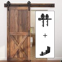 WINSOON Black Big Wheel 12FT Single Sliding Barn Door Hardware Kit with Adjustable Double Roller Barn Door Floor Guide