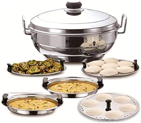 ECOM Stainless Steel Idli Cooker Multi Kadai Steamer with Steel Bottom All-in-One Big Size 5 Plate 2 Idli | 2 Dhokla | 1 Patra | Momo's