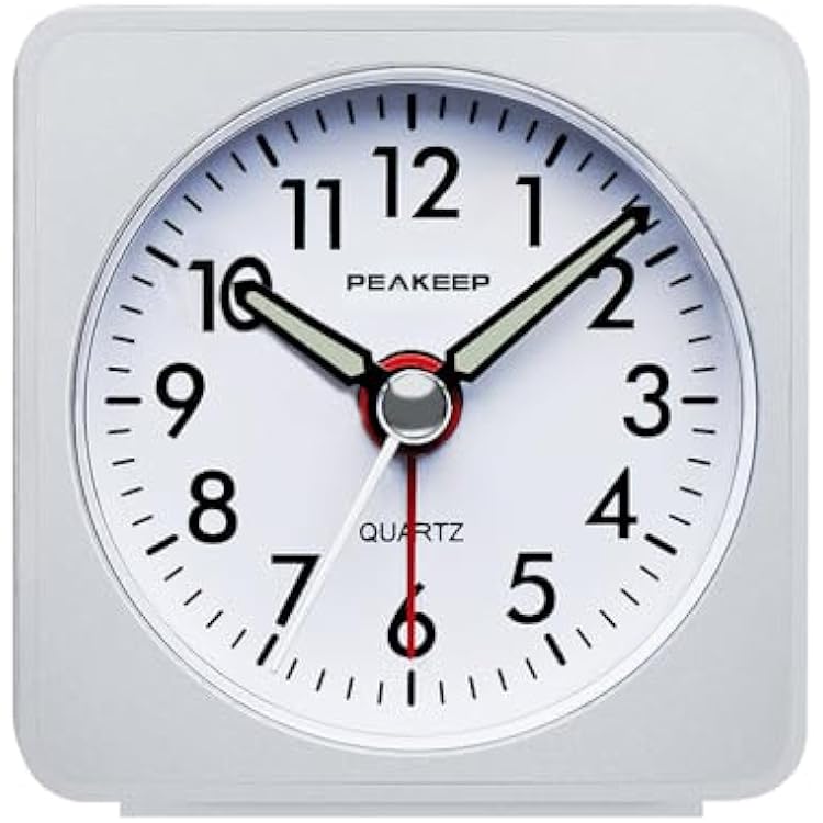 Peakeep Ultra Small, Battery Travel Alarm Clock with Snooze and Light, Silent with No Ticking Analog Quartz White