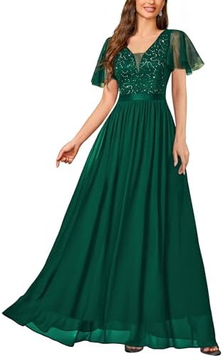 Miusol Women's Elegant Deep-V Neck Ruffle Tulle Sleeve Sequin Lace Formal Maxi Dress