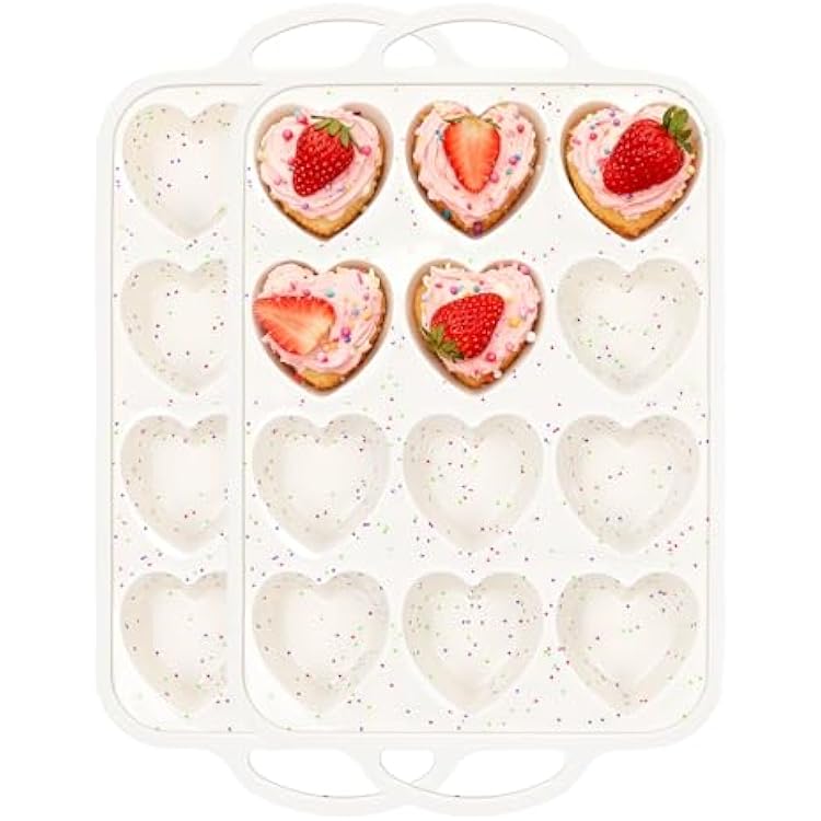 Premium Silicone Heart-Shaped Baking Mold with Metal Reinforced Frame 2 Pack Non-Stick Cupcake & Muffin Pan for Baking Chocolate, Egg Bites & Brownies BPA Free, Dishwasher & Oven Safe