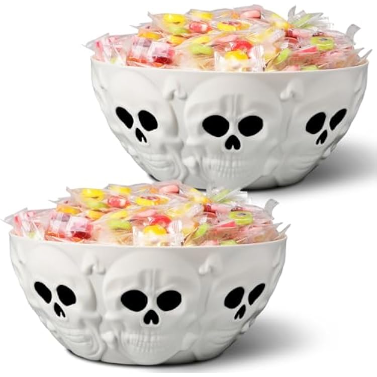 2 Pcs Halloween Candy Bowls Skeleton Skull Plastic Bowl Dish Halloween Trick or Treat Serving Candy Snack Fruit Dish for Party Home Decoration Supply