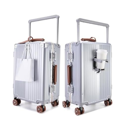 feilario 20 Aluminum Frame Wide Handle Hard Shell Carry On Suitcase - Vivid Colors Double Spinner Wheels Airline Approved Rolling Luggage with TSA Lock & Cup Holder Silver, 20in