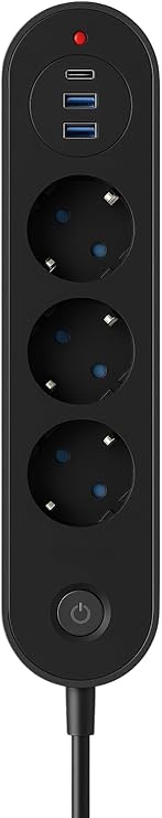 3’lü Priz | 2 USB-A + 1 USB-C | Termal Akım Korumalı, 2500W Güç, Aç/Kapa Anahtarlı, Isıya Dayanıklı