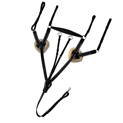 Leather 5Point Breastplate for Horses with Running Martingale Exion English Breast Collar | Navy Blue Elastic with White Lines | Original Fur & Soft Leather Padding | Stainless-Steel Hardware
