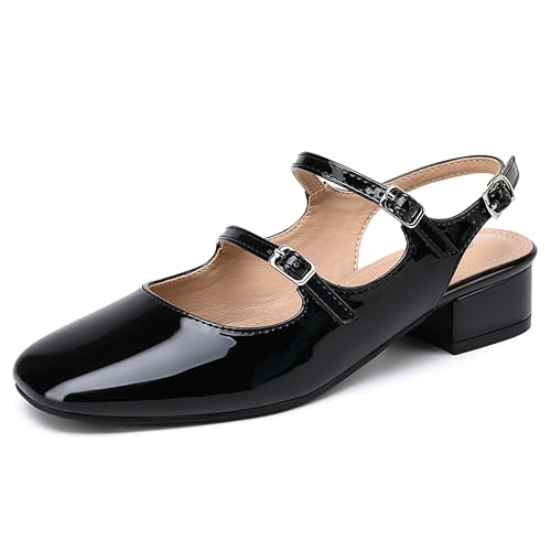 NEWBELLA Womens Mary Jane Pumps, Retro Chunky Low Block Heel, Double Adjustable Ankle Buckle Straps, Vintage Dress Pumps