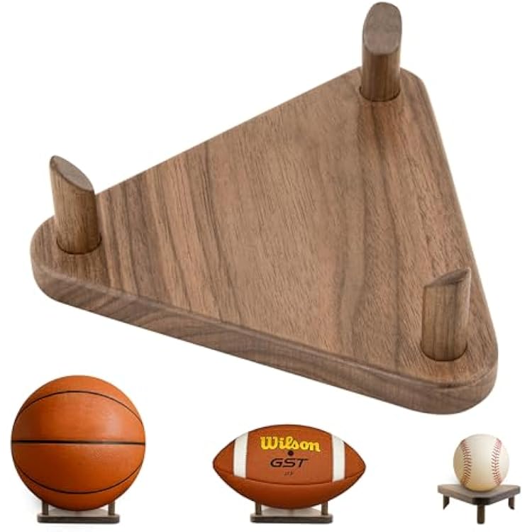 Solid Walnut Ball Display Stand Basketball Holder, Football Stand, Soccer Ball Display Rack Premium Wood Sports Memorabilia Display Holder Triangle Ball Stand for Autographed Balls