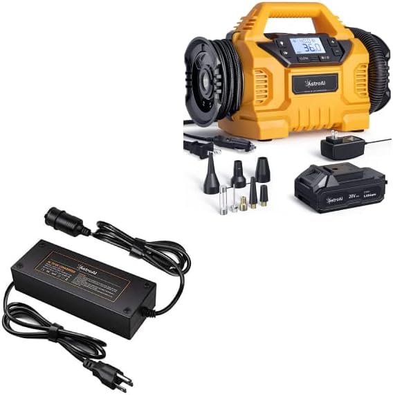 AstroAI Cordless Tire Inflator and AstroAI AC to DC Converter 10A/120W/7.78FT