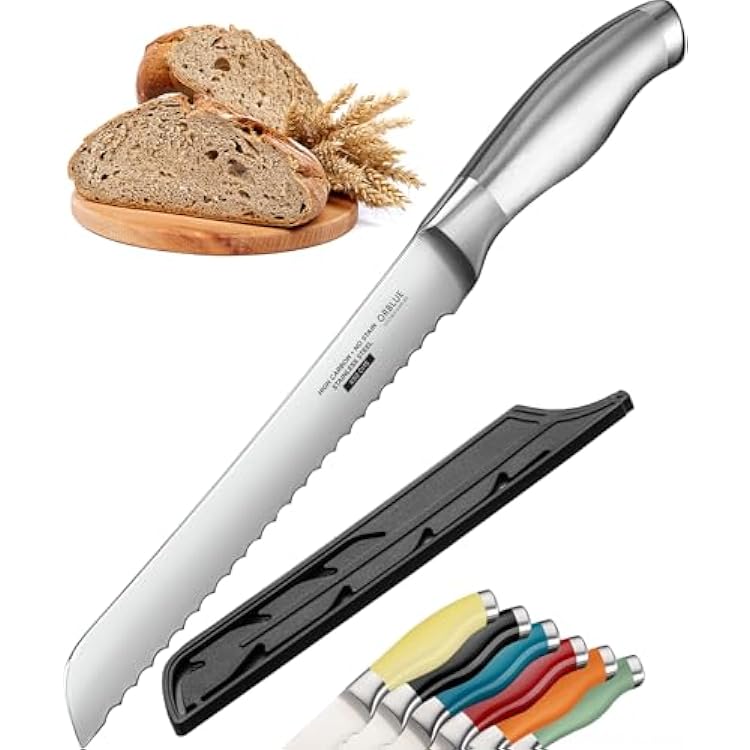 Orblue Serrated Bread Knife with Upgraded Stainless Steel Razor Sharp Wavy Edge Width - Bread Cutter Ideal for Slicing Homemade Bagels, Cake 8-Inch Blade with 5-Inch Handle