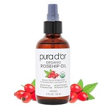 PURA D'OR 4 Oz ORGANIC Rosehip Seed Oil 100% Pure Cold Pressed USDA Certified Anti-Aging Youthful Look-Vitamin A & C Rich-Helps Fade Appearance of Scars & Stretch Marks - For Face, Hair & Body