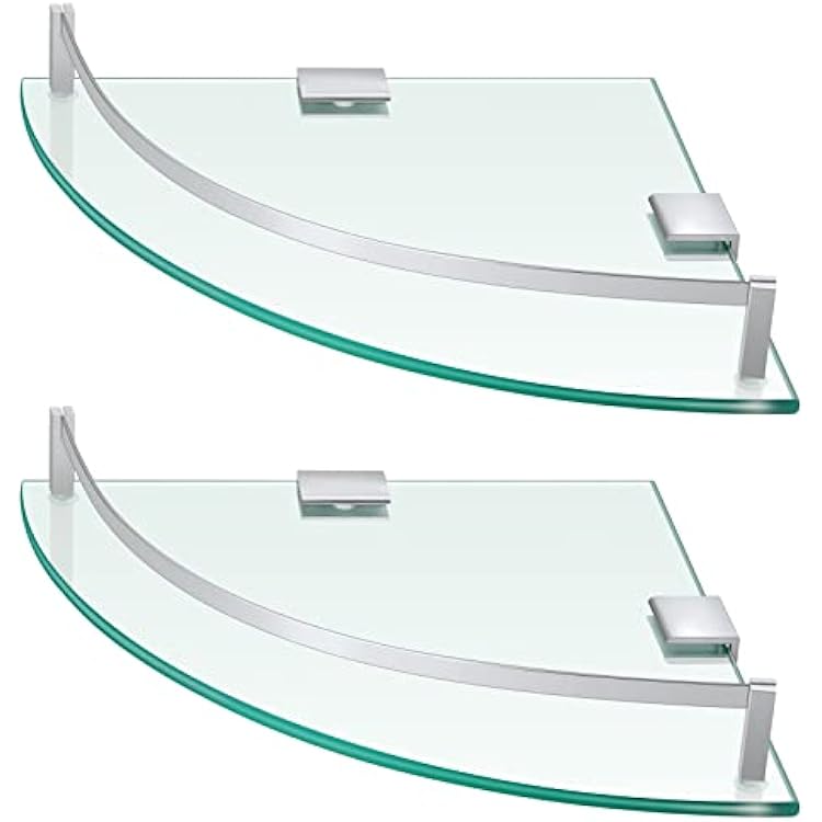 Gejoy 2 Pcs Glass Corner Shower Shelf Bathroom Glass Shelf Floating Tempered Wall Mounted Corner Organizer for Storing Bottle Shower Gel Shampoo Brush, 9.25 Inches