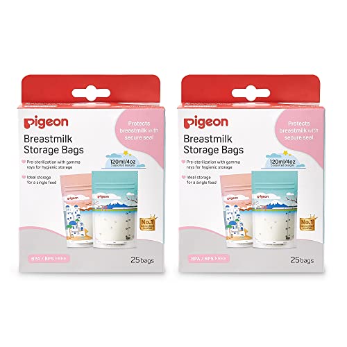 Pigeon Breast Milk Storage Bag, Disposable Self Standing Bag, 5 Colorful Design, 50 Pcs Pack of 2, 4 Oz