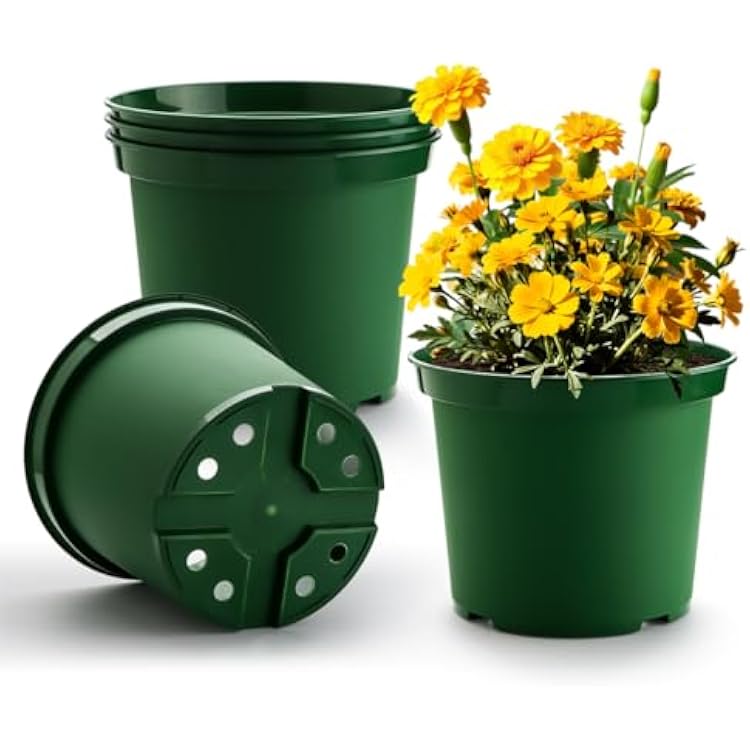 5 Gallon 12 Inch Plastic Nursery Pots, Plant Containers with Drainage Holes, Round Sturdy Garden Planters for IndoorOutdoor Greenery, Gardening Gifts for Women 5-Pack, Green
