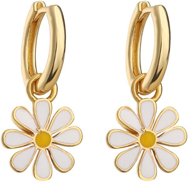Small Hoop With Daisy Flower Charm Earrings for Women Girls Cartilage Gold Plated Hypoallergenic Nickel Free Dainty Cute Lucky Flowers Short Dangle Drop Piercing Hinged Huggie Hoops Fashion Jewelry