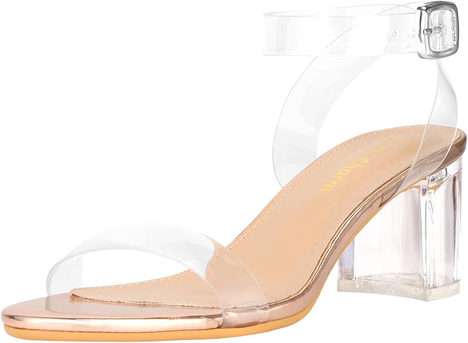 Women's Strappy Clear Chunky Clear Block Low Heeled Sandals 2 Inches Open Toe Ankle Strap High Heel Dress Sandals Daily Work Party Sandal Shoes