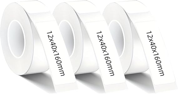 D30 White Label Tapes 12mm x 40mm (0.47 x 1.57 Inches) Thermal Sticker Paper Black on White Laminated Office Labeling Tape Replacement, 3 Rolls