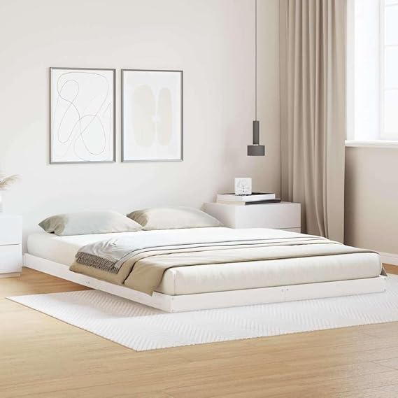 White Solid Pine Floor Bed Frame 223.5x164x9 cm Modern Low-Profile Double Bed No Box Spring Needed Robust 200 kg Load for Contemporary Bedroom
