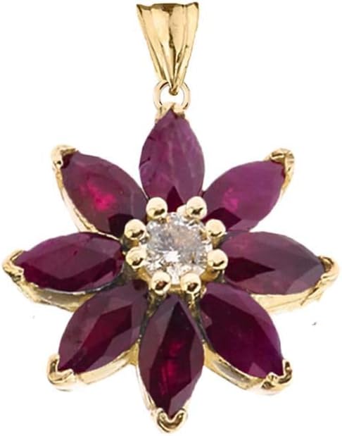 Exotic 14k Gold Daisy Diamond and Ruby Flower Pendant