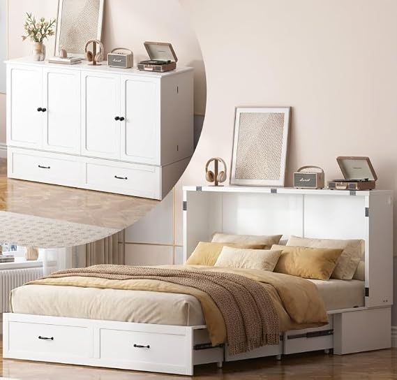 PUREMIND Murphy Bed Queen, Multi-Functional Hideaway Cabinet Bed with Storage Drawer, USB Charging Ports, Space Saving Murphy Chest beds Wallbed for Guest Room, Small Space