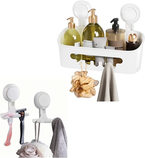 LEVERLOC Shower Caddy Suction Cup Razor Holder One Second Installation NO-Drilling Removable Powerful Suction Shower Caddy Suction Cup Waterproof Organizer