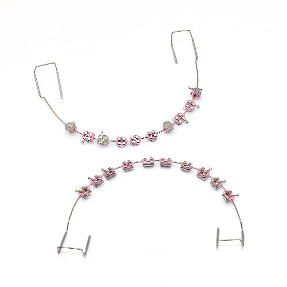1 Pack Temporary dental decorations with metal wires, metal brackets and orthodontic ligatures, props for orthodontists to explain, props for dental students to practice. (Pink)