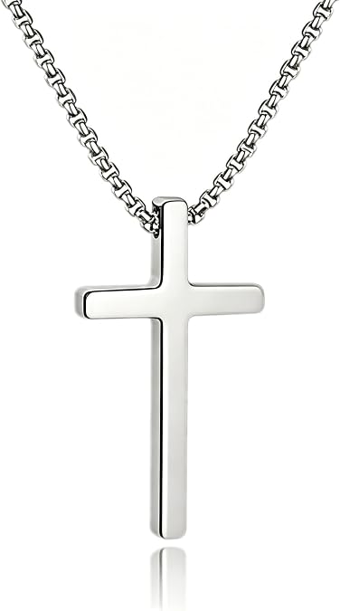 Minimalist Cross Necklace for Men Stainless Steel Black Silver Gold Plain Cross Pendant Necklace for Men, Classic Christian Religious Faith Jewelry Gift, Box Chain 20 Inch
