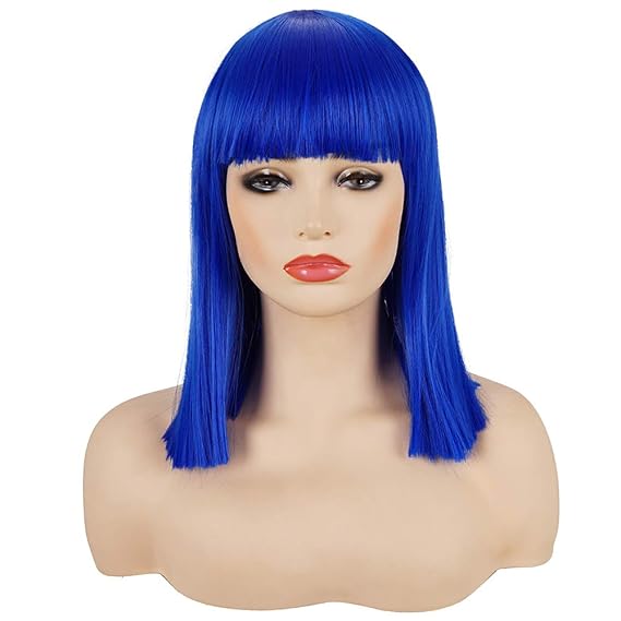 morvally Short Straight Bob Wig Heat Resistant Hair with Blunt Bangs Natural Looking Cosplay Costume Daily Wigs for Women (14", Blue)