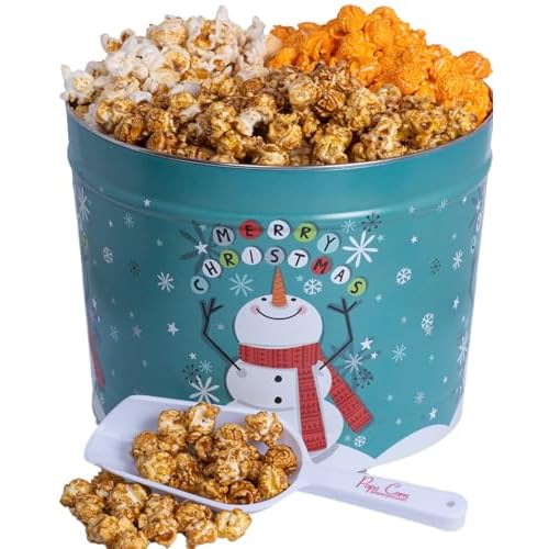2 Gallon Gourmet Christmas Popcorn Gift Tin Holiday Variety Pack with Caramel, Cheddar & Kettle Corn | Free Scooper  Stay-Fresh Lid | Kosher, GMO-Free Corn, Gluten-Free