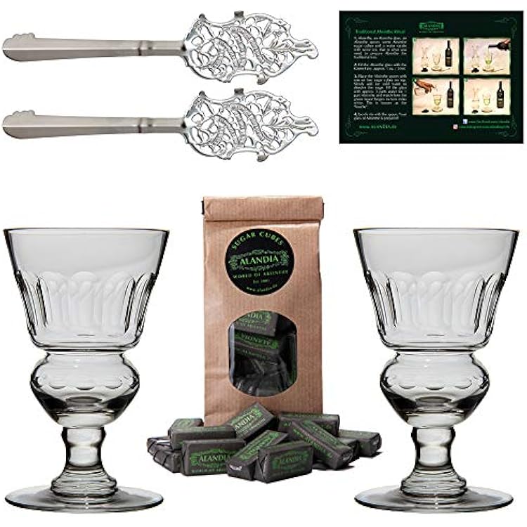ALANDIA Premium Absinthe Spoons Glasses Set | The Original | 2x Reservoir Glasses | 2x Stainless Steel Spoons | 1x Sugar Cubes | 1x Instructions card