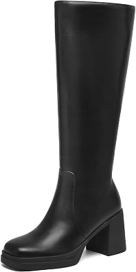 Womens Knee High Boots Square Toe Side Zipper Chunky 3 Inch Heel Platform Boots for Women Faux Leather Fall Tall Boots with Wide Calf Comfort Casual Commuter Dress Heeled Boots