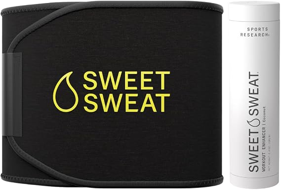Sports Research Waist Trimmer Pack - Sweet Sweat Waist Trimmer (Black/Yellow, Large) & Workout Enhancer Roll-On Gel (Coconut Scent)