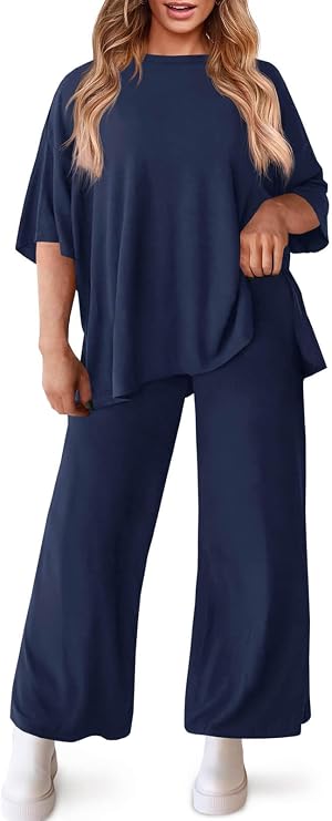 Womens Plus Size Lounge Sets 2 Piece Outfits Tracksuit with Pockets | Short Sleeve Tops,Wide Leg Pants,Cotton,Casual,Pajamas