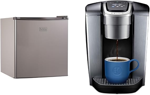 BLACK+DECKER BCRK17V Compact Refrigerator Energy Star Single Door Mini Fridge with Freezer & Keurig K-Elite Single-Serve K-Cup Pod Coffee Maker, Brushed Silver