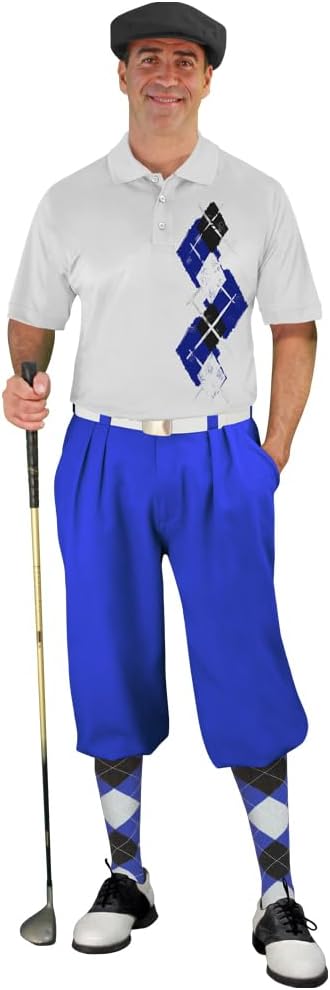 Argyle Paradise Outfit - Mens QQ: Royal Blue Black and White Complete Golf Outfit - Waist Size 56 - Shirt Size 3XL