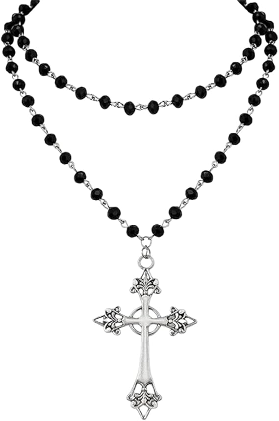 Gothic Layered Pendant Choker with Cross Necklace,Vintage Multi-Layered Dark Exaggerated Choker Necklace for Women,Black PU Leather Goth Jewelry for Halloween Christmas,Choker,Silver Necklace Gift