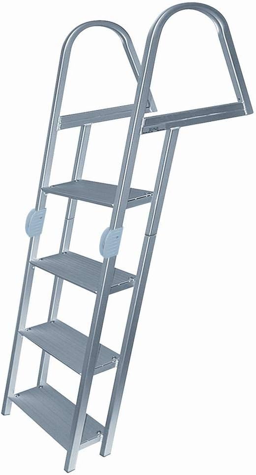 JIF Marine Folding Dock Step Ladder 4-Step Aluminum Ladder with Angled Anti-Skid Steps, Fold-Up Storage, J-Hook Mounting Hardware Included 300 lb Capacity